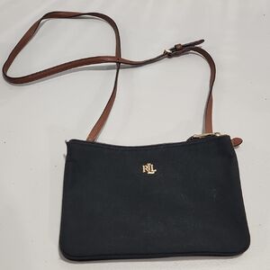 Lauren Ralph Lauren Monogram Tara Double Zipper Purse Crossbody Black Canvas